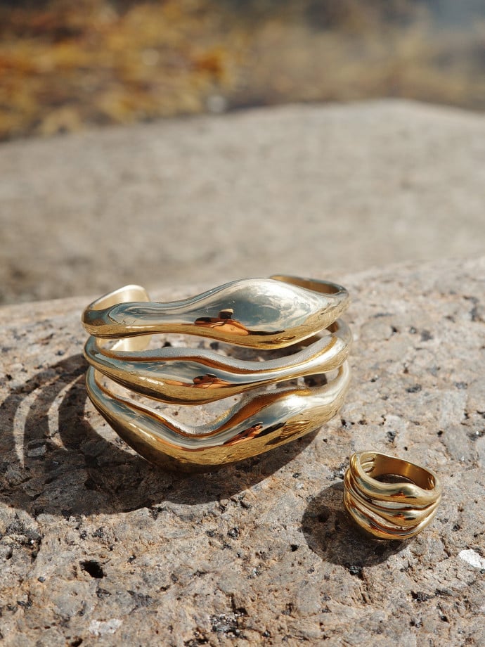 A&C OSLO ARMBAND CUFF BIG WAVES STEEL 14K GOLD