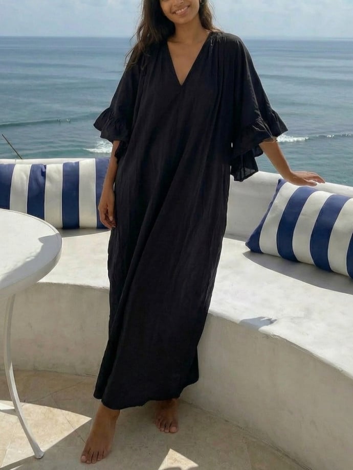 KLÄNNING VOLUMINOUS TIERED RUFFLE SLEEVE LONG BLACK