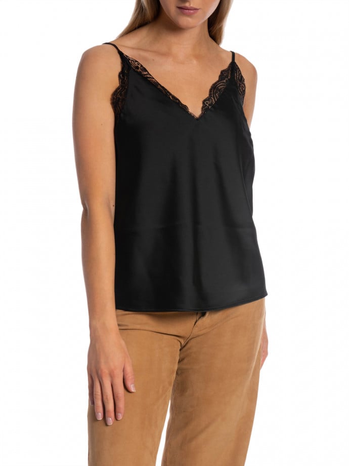 SELECTED FEMME TOPP ALENA LACE TRIM STRAP BLACK