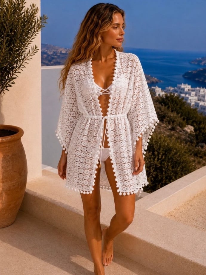 KAFTAN POM-POM TRIM EYELET LACE KIMONO WHITE