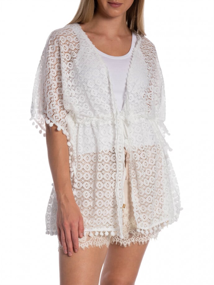 KAFTAN POM-POM TRIM EYELET LACE KIMONO WHITE