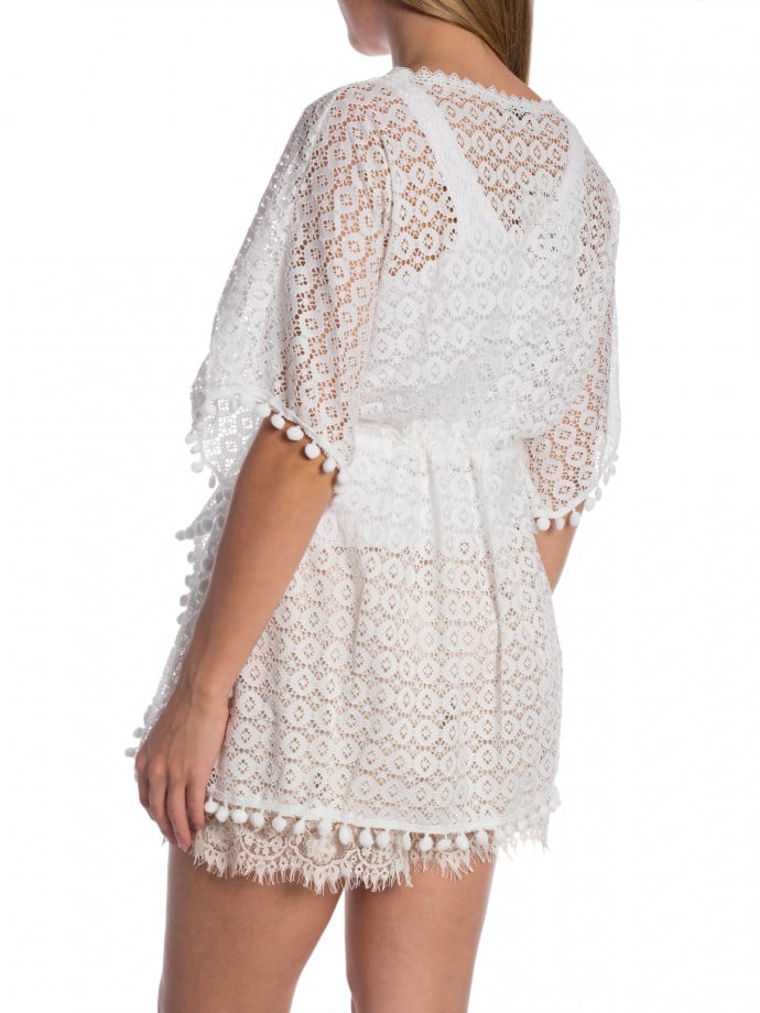 KAFTAN POM-POM TRIM EYELET LACE KIMONO WHITE