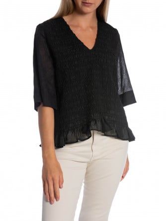 GANNI BLUS CRINKLED GEORGETTE SMOCK V-NECK BLACK