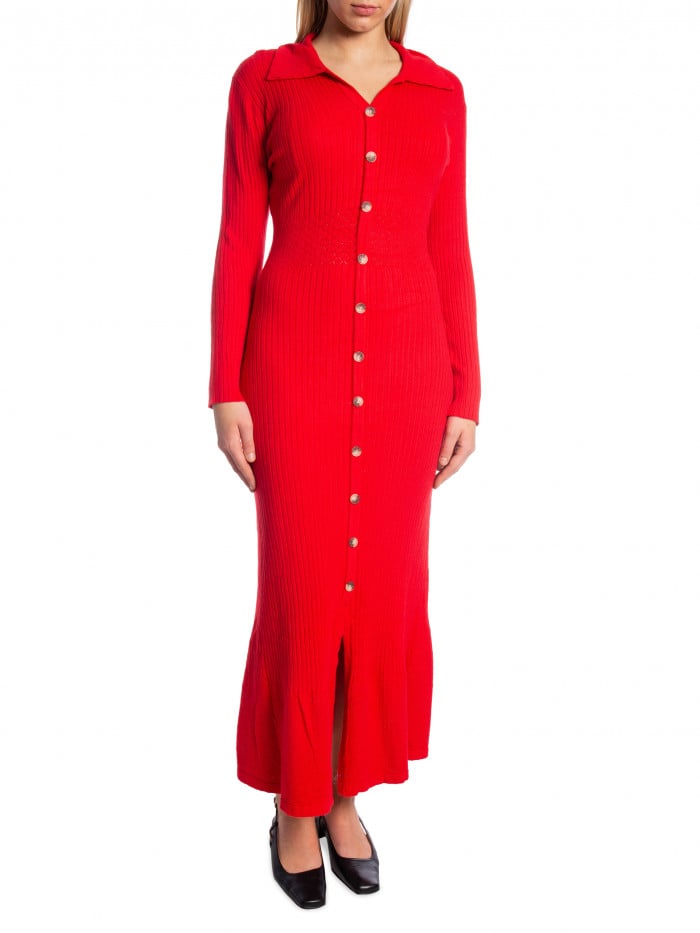 COPPEROSE KLÄNNING LONG KNIT BUTTON RED